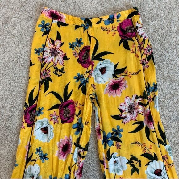 Topshop Asian Oriental yellow floral flower print wide leg trousers belted Sz 8 - Picture 7 of 16
